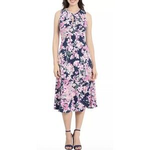 London Style Collection Fit & Flare Empire Sleeveless Midi Dress Floral Sz 8P